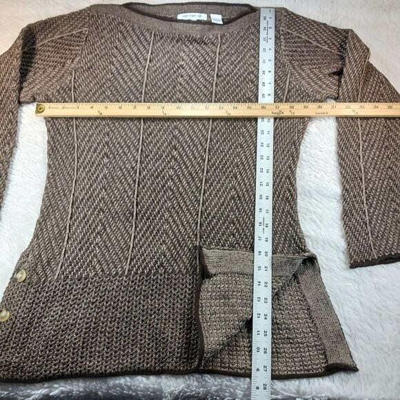 Herringbone Bodycon Knit Sweater Brown Boat Neck Accent Buttons Women's L Cotton - Picture 7 of 8